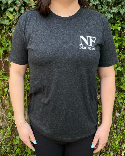 heathered charcoal grey t-shirt with NF Northeast logo printed in white on left chest