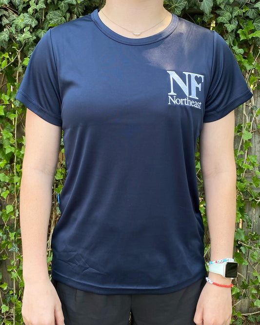 front view of navy dri-fit t-shirt with NF Northeast logo embroidered in white on left chest
