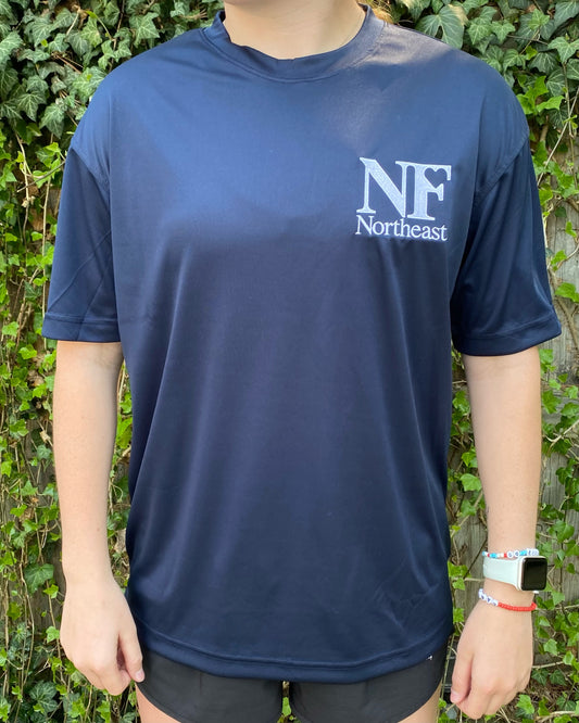 navy dri-fit short sleeve shirt with NF Northeast logo embroidered in white on left chest