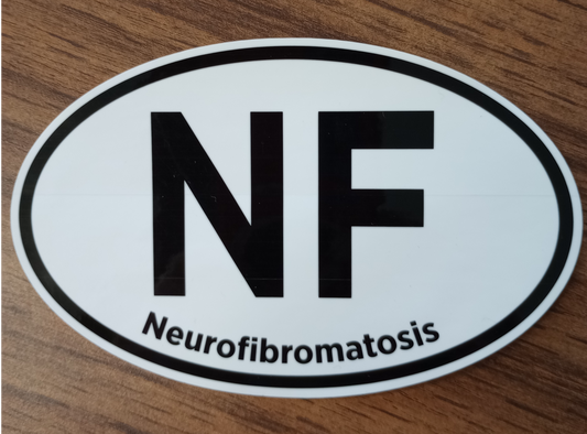 white oval car decal with black border and black type that says "NF: Neurofibromatosis"